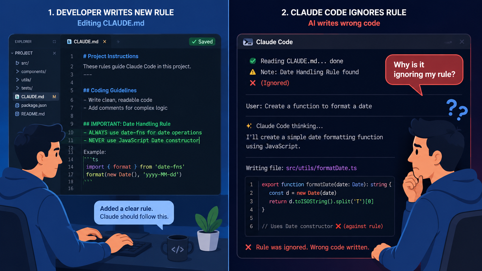 左:开发者在 CLAUDE.md 写新规则;右:Claude Code 无视规则用错语法